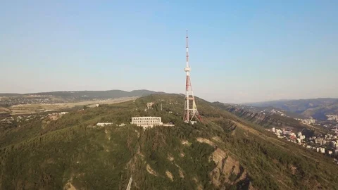 Aerial Breathtaking View On a saint mountain in Tbilisi, funicular and Tv Tower Stock Footage 111355103