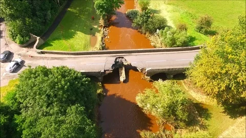 Aerial - Bridge Collapsed In Flood Stock Footage 93255152