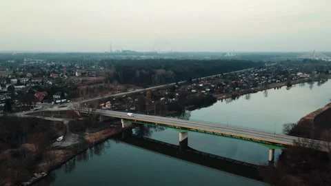 Aerial bridge, drone view, Wisła river in Cracow City Stock Footage 151928086
