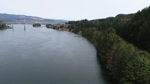 Aerial of Bridge of the Gods, Columbia River Gorge, Oregon and Washington Stock Footage