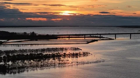 Aerial of bridge over lagoon with sunset and aquaculture 4K Stock Footage 339864711