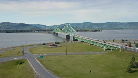 Aerial: Bridge & seaside town of Campbellton, New Brunswick, USA Stock Footage