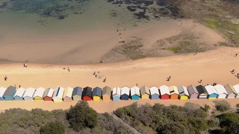 Aerial of Brighton Bathing Boxes in Melbourne facing sea, dolly left movement 스톡 동영상 97149722