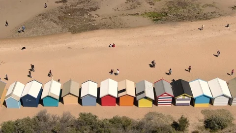 Aerial of Brighton Bathing Boxes in Melbourne facing the sea, dolly close shot Stock Footage 97150327