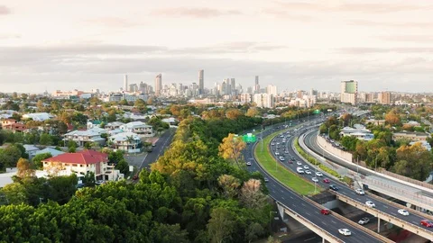 Aerial of Brisbane City and Traffic from Annerley, Brisbane Stock Footage