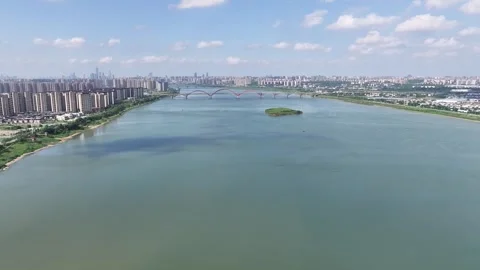 Aerial The broad surface of the Xiang River Stock Footage 313527861