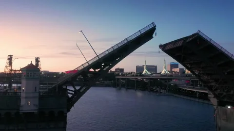 Aerial: Burnside Bridge over the Willamette River at sunset. Oregon, USA Stock Footage 159479260