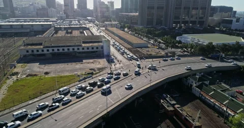 Aerial: busy traffic on an elevated road in the city Stock Footage 236547731