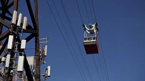 An aerial cable car gracefully glides overhead against the backdrop of clear sky Vídeo Stock 291639055