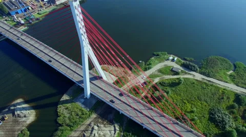 Aerial cable-stayed bridge on a river in Gdansk, Poland Stock Footage 68411215