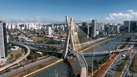 Aerial Of Cable Stayed Bridge In Sao Paulo Business Center, Peak Hour Stock-Footage 119944528