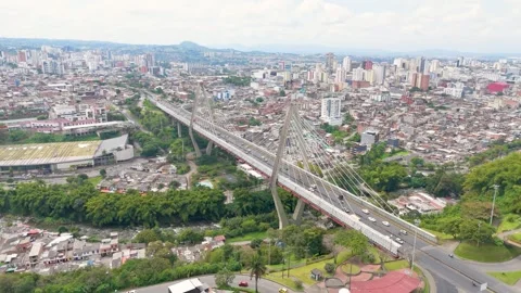 Aerial cable-stayed viaduct over river in Pereira Stock Footage 331254454