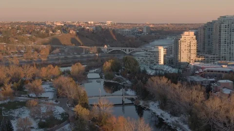 Aerial: Calgary  Bow River  at sunset. Stock Footage 119875236