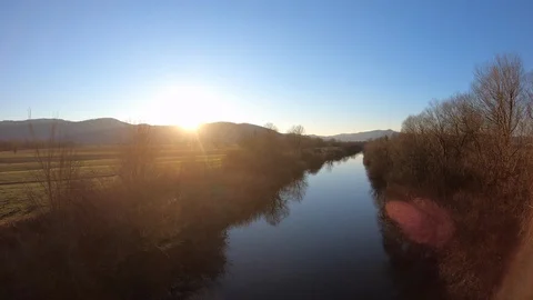 AERIAL Calm river in setting sun Stock Footage 101075656