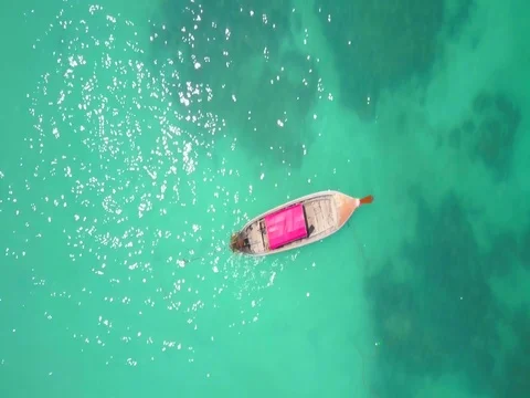 Aerial Cam Down Flyover Boats Ocean Coral Reef Pan Up Reveal Beach Thailand Stock Footage