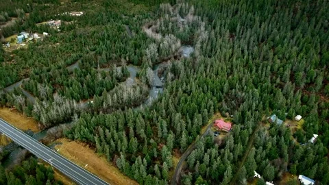 Aerial camera approaches dense forest, winding streams, roads and houses, Alaska Video stock 131259287