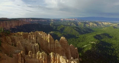 Aerial camera approaches a dense pine forest at the bottom of the canyon Vídeo Stock 118642674