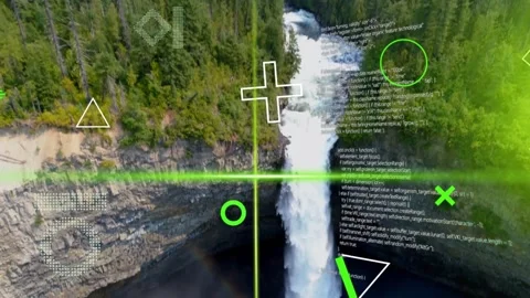 Aerial camera descending, activating neon crosshair and code column, tracking Stock Footage 333106233