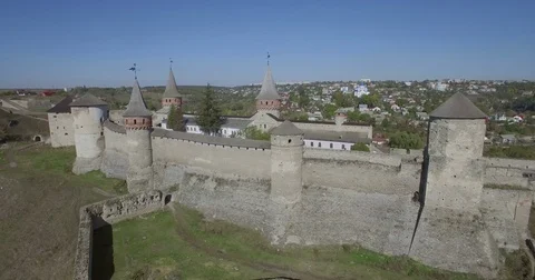 Aerial camera flies back from Kamianets-Podilsk castle Stock Footage 69946202