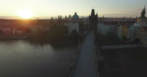 Aerial camera flies backwards along the Charles Bridg Stock Footage 65992957