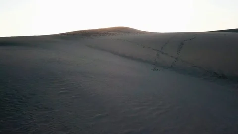 Aerial: camera flies over a desert in sunset light. Horizontal view of endless Stock Footage 94111620