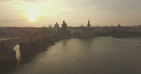 Aerial camera flies sideways over the Charles Bridg Stock Footage 66569876