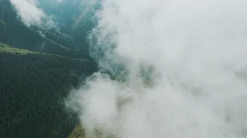 Aerial camera flight through clouds above forest and mountains. Green valley Video stock 218874244