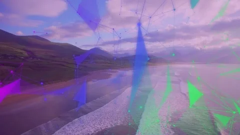 Aerial camera gliding forward, nudging purple nodes and polygons revealing surf Video stock 333704192