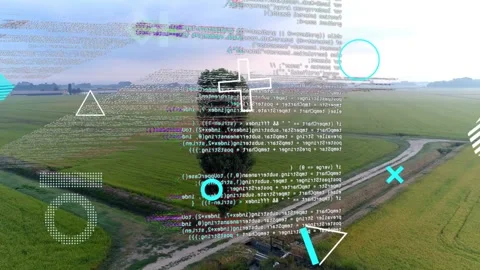 Aerial camera moving and orbiting tree, overlays appearing and glitching, Stock Footage 333774616