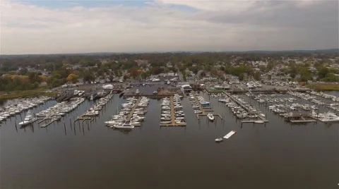 Aerial. Camera moving right over Marina and Yacht Club. Staten Island. 스톡 동영상 58570988