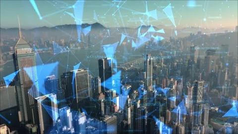 AERIAL. Camera moving through digital lines and numbers near sky-scrappers at Video stock 152969531