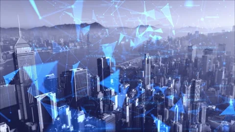 AERIAL. Camera moving through digital lines and numbers near sky-scrappers at Stock Footage 152969604