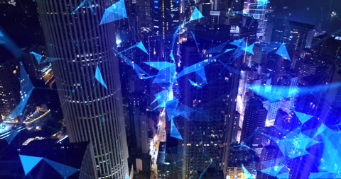 AERIAL. Camera moving through digital lines and numbers near sky-scrappers at Stock Footage 160275110