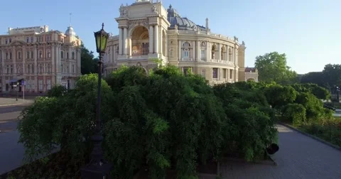 Aerial camera rises by the Odessa Opera house in Ukraine Stock Footage 65832326