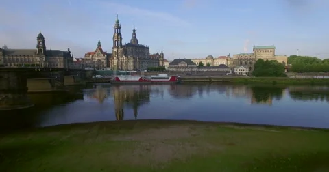 Aerial camera rises over the Elbe River, Dresden Stock Footage 65776931