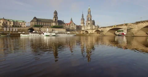Aerial camera skims over River Elbe in Dresden Stock Footage 65775696