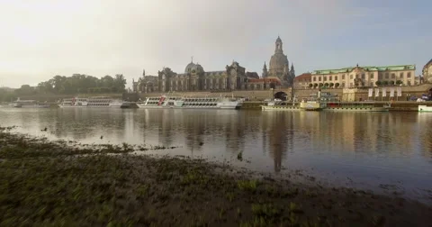 Aerial camera skims over River Elbe in Dresden Stock Footage 65775945