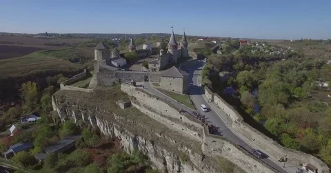 Aerial camera static over Kamianets-Podilsk castle Stock Footage 69913413