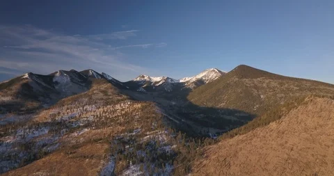 Aerial - camera tilts up from forest to reveal snowcapped mountain peaks Stock Footage 101905592