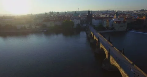 Aerial camera tracks along the River Vltava Prague Stock Footage 65996718
