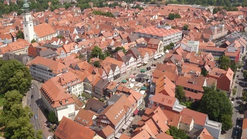Aerial camera travelling towards centre of historic town Stock Footage 87204194
