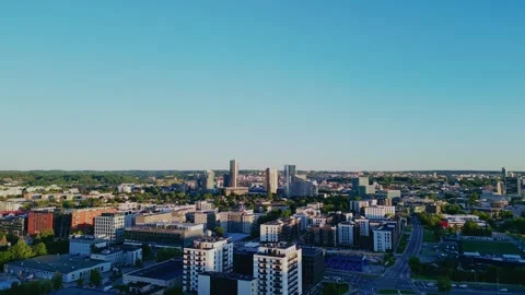 Aerial camera view of downtown in Vilnius, Lithuania. Moving towards drone shot  Video stock 248647809