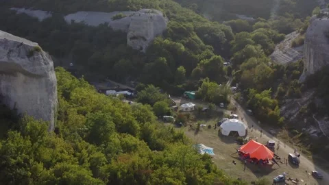 Aerial camping with mountains 스톡 동영상 254685225