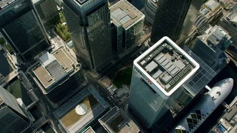 Aerial Canary Wharf London financial district Covid19 lockdown Stock Footage