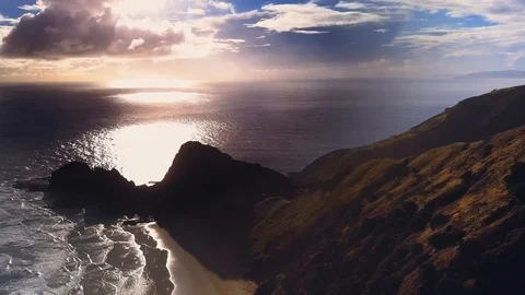 Aerial of Cape Reinga lighthouse during sunset Stock Footage 108363827