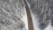 Aerial: Car Driving Through Snowy Pine Forest In Winter Stock Footage