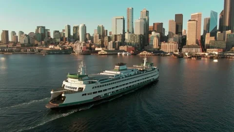 Aerial: Car ferry docking in Seattle downtown, Washington, USA Stock Footage 159654062
