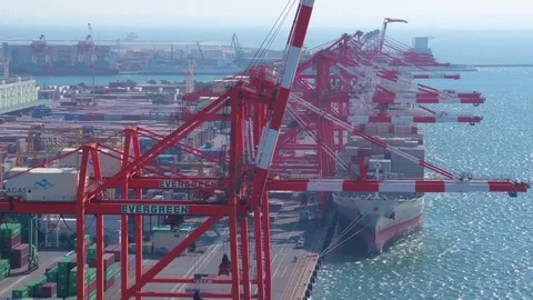 Aerial of cargo container and cranes at the harbor and ships parked alongside Stock Footage 81531707