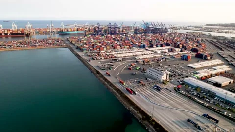 Aerial of Cargo Containers at the port of Long Beach and Los Angeles Stock Footage