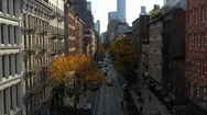 Aerial Cars Driving Down Soho Street Fall Day Colorful Trees New York City Nyc Stock Footage